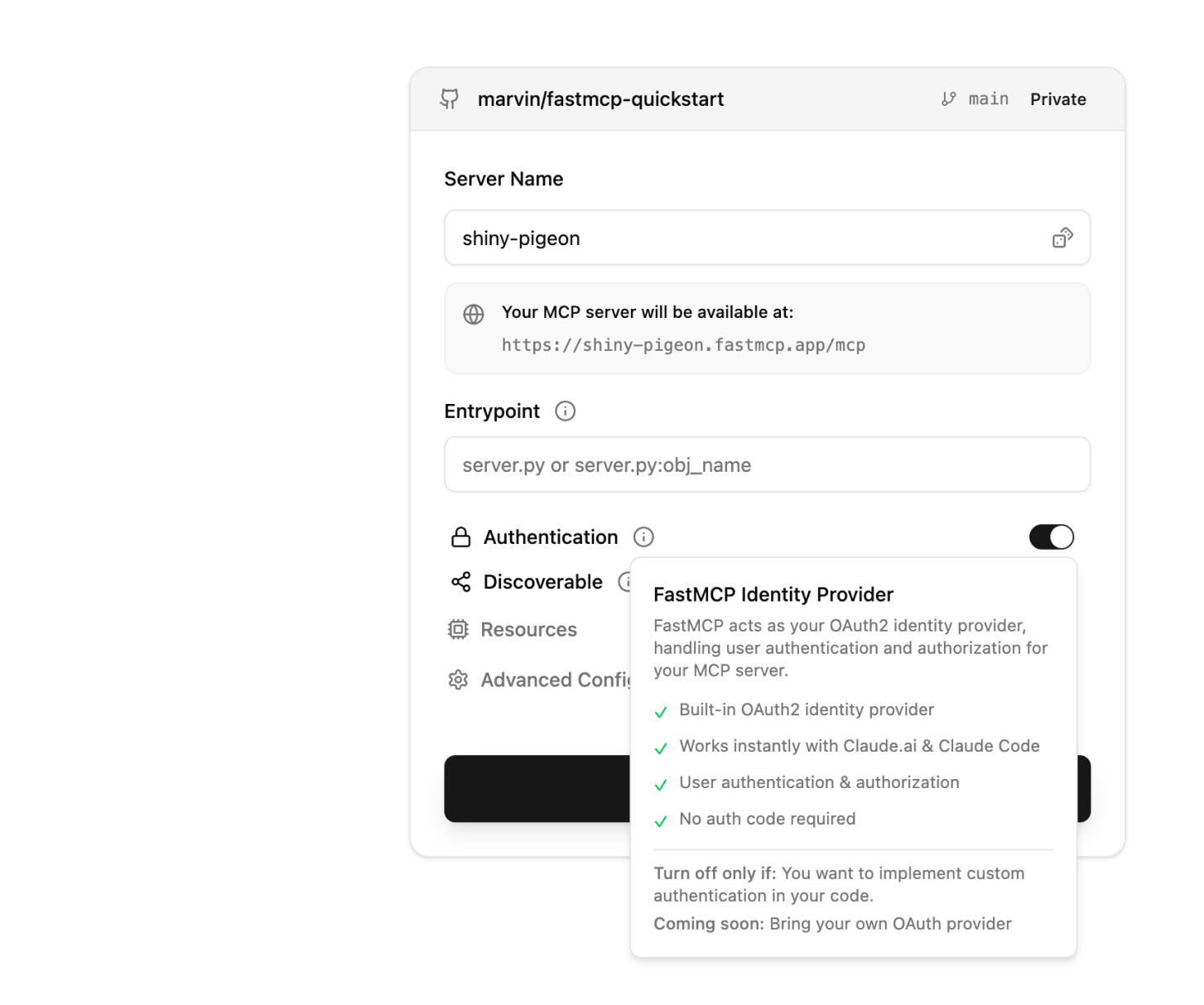 FastMCP OAuth setup form showing simple authentication configuration